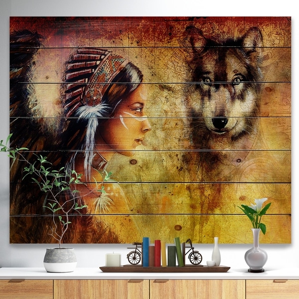 Designart 'Woman with Wolf' Portrait Print on Natural Pine Wood - Brown