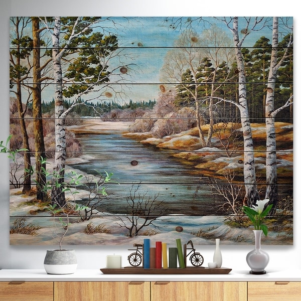Designart 'The spring Siberian River' Landscape Print on Natural Pine Wood - Blue