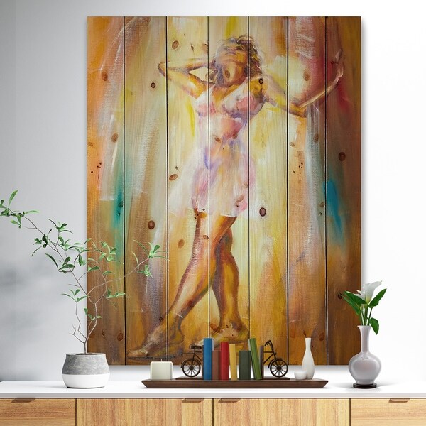 Designart 'Beautiful Woman in Dress' Portrait Print on Natural Pine Wood - Brown