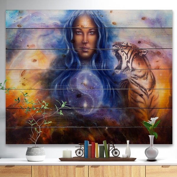 Designart 'Female Goddess Lada' Portrait Print on Natural Pine Wood - Blue