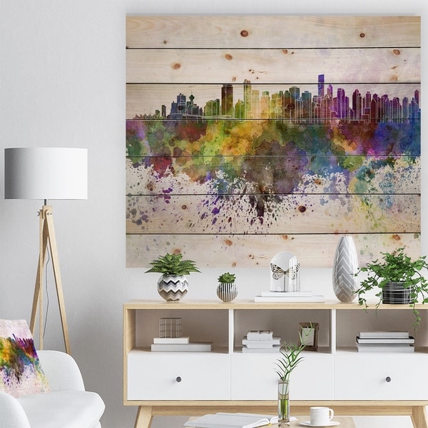 Designart 'Vancouver Skyline' Cityscape Print on Natural Pine Wood - Purple
