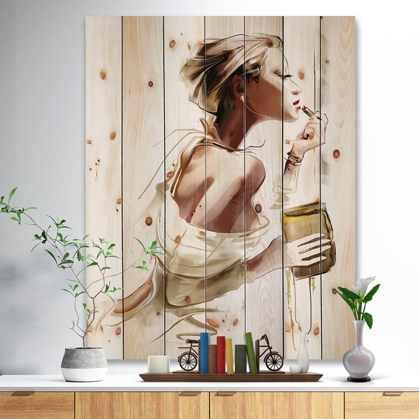 Designart 'Fashion Woman' Fashion Print on Natural Pine Wood - Brown