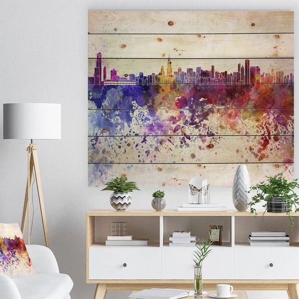 Designart 'Chicago Skyline' Cityscape Print on Natural Pine Wood - Purple