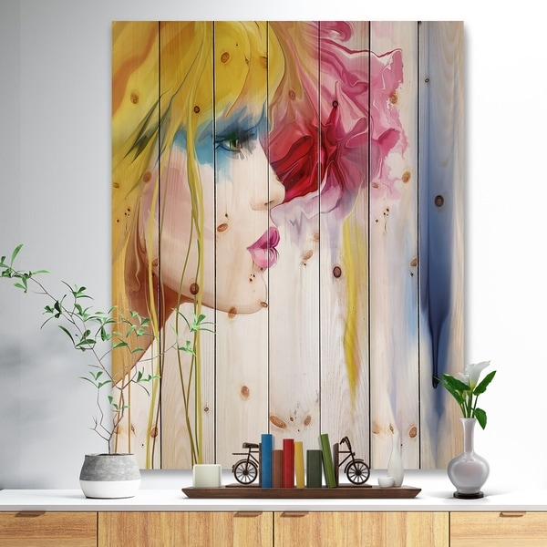 Designart 'Girl with Colorful Hair' Fashion Print on Natural Pine Wood - Yellow