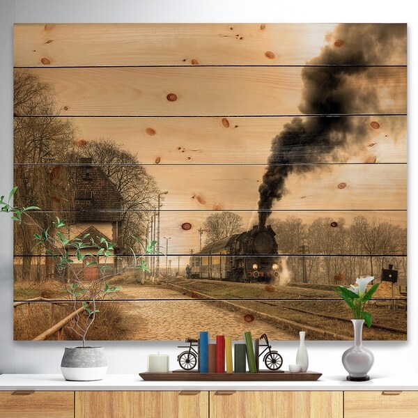 Designart 'Retro Steam Train' Vintage Print on Natural Pine Wood - beige