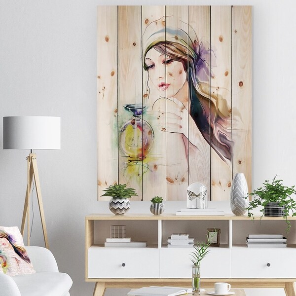 Designart 'Woman with Perfume Bottle' Portrait Contemporary Print on Natural Pine Wood - Yellow
