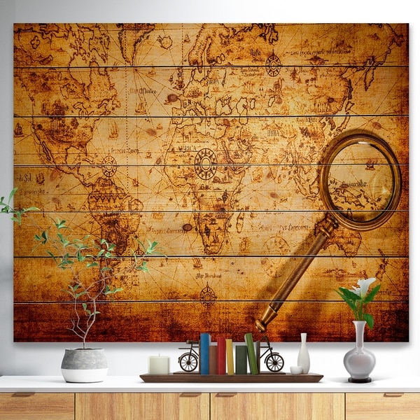 Designart 'Vintage World Map' Vintage Print on Natural Pine Wood - Gold