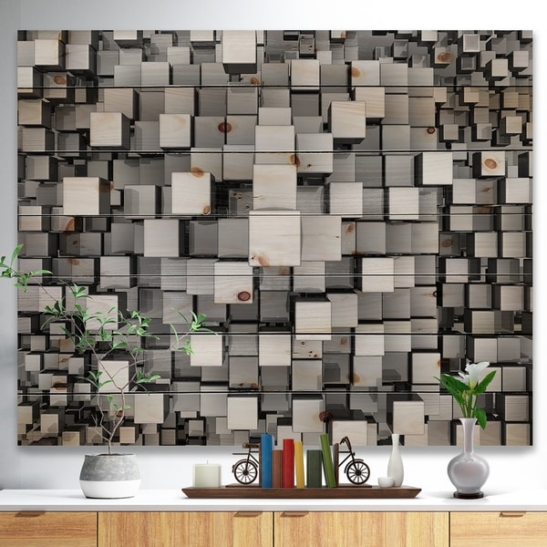 Designart 'Black and Grey Cubes' Contemporary Print on Natural Pine Wood - Silver