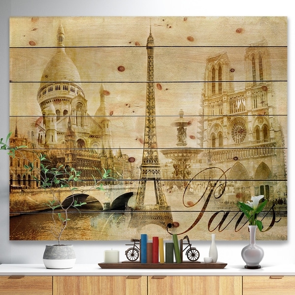 Designart 'Old Beautiful Paris' Cityscape Digital Print on Natural Pine Wood - Brown