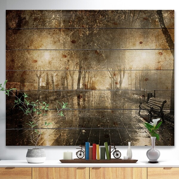 Designart 'Night Alley with Lights' Photography Landscape Print on Natural Pine Wood - Black