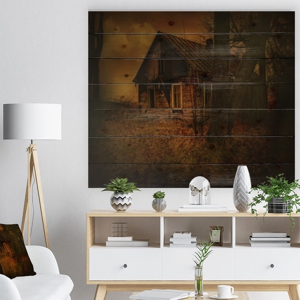 Designart 'Old House Landscape' Photography Print on Natural Pine Wood - Brown