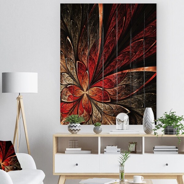 Designart 'Fractal Flower in Yellow and Red' Floral Art Print on Natural Pine Wood - Red