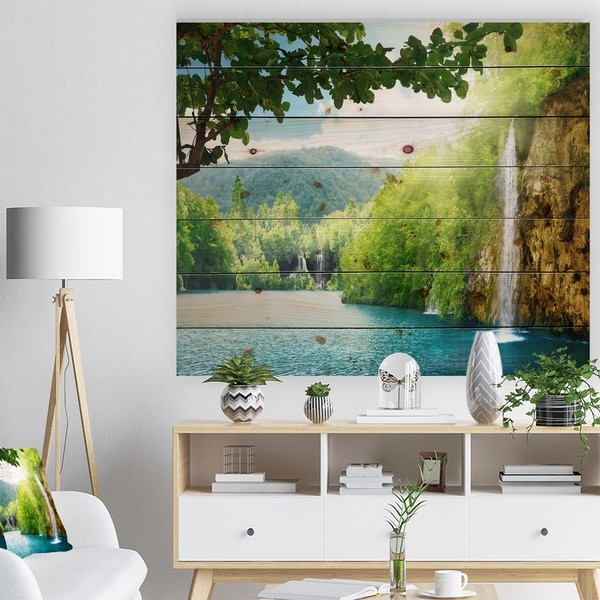 Designart 'Waterfall in Deep Forest' Landscape Photography Print on Natural Pine Wood - Blue
