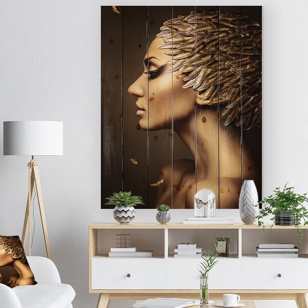 Designart 'Woman with Gold Feather Hat' Contemporary Print on Natural Pine Wood - Brown