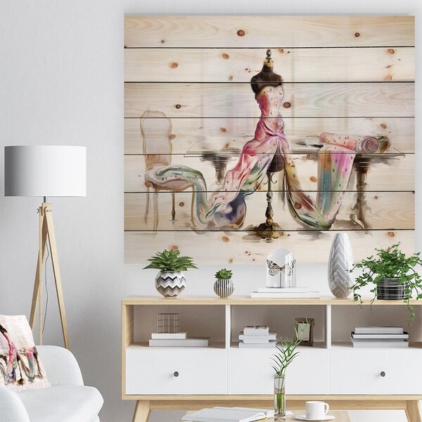 Designart 'Dressed Tabletop Mannequin' Abstract Print on Natural Pine Wood - Red