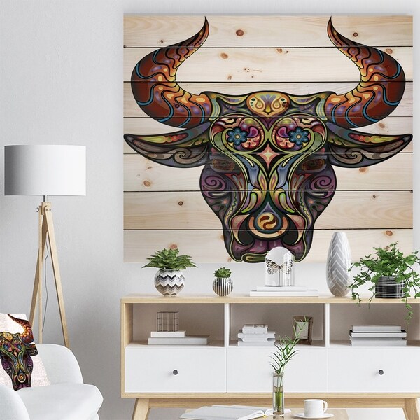 Designart 'Ornamental Bull' Animal Print on Natural Pine Wood - Multi-color