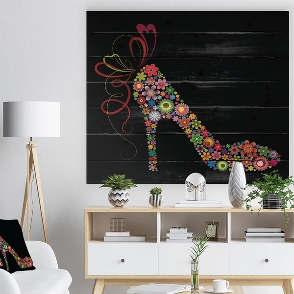 Designart 'Colorful Shoe with a Bow' Abstract Print on Natural Pine Wood - Multi-color