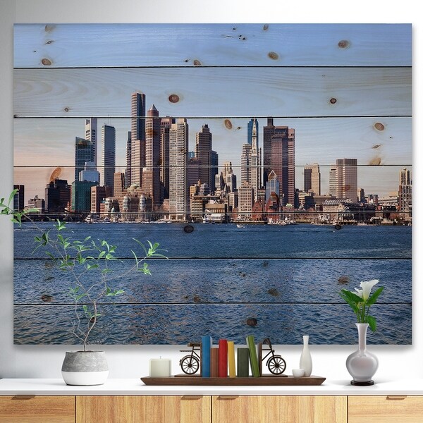 Designart 'Boston Skyline Panorama' Cityscape Photo Print on Natural Pine Wood - Blue