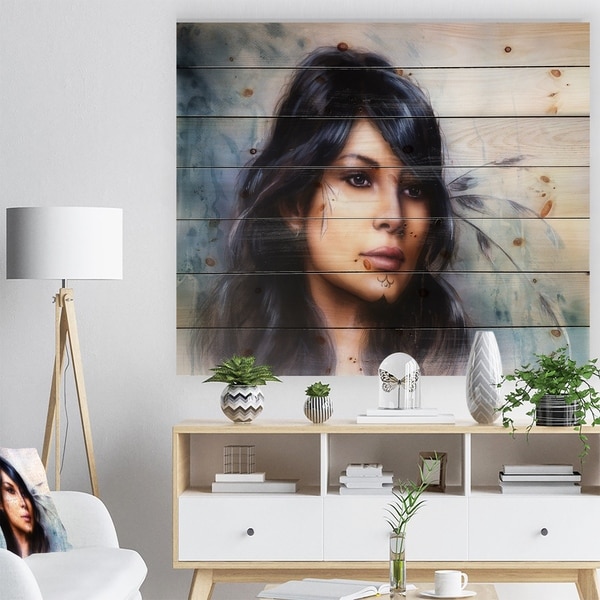 Designart 'Indian Woman with Ornament Tattoo' Portrait Print on Natural Pine Wood - Black