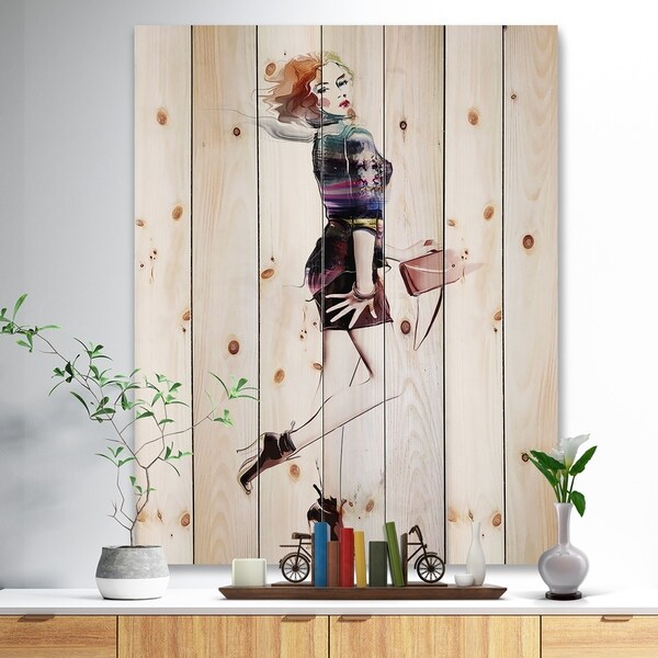 Designart 'Fashionable Young Girl' Abstract Portrait Print on Natural Pine Wood - beige