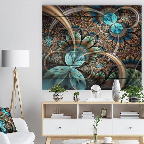 Designart 'Light Blue Fractal Flower' Floral Art Print on Natural Pine Wood