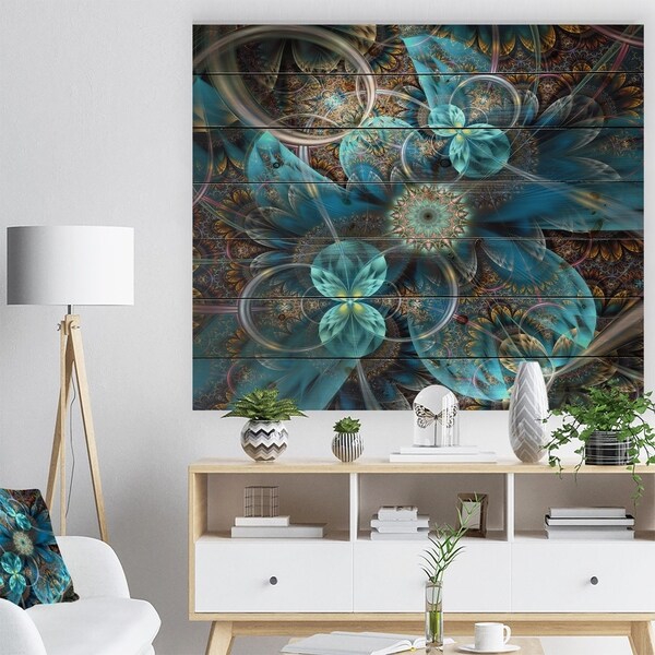 Designart 'Fractal Blue Flowers' Floral Art Print on Natural Pine Wood