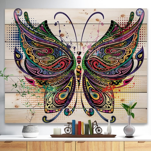 Designart 'Variegated Butterfly' Abstract Print on Natural Pine Wood - Multi-color