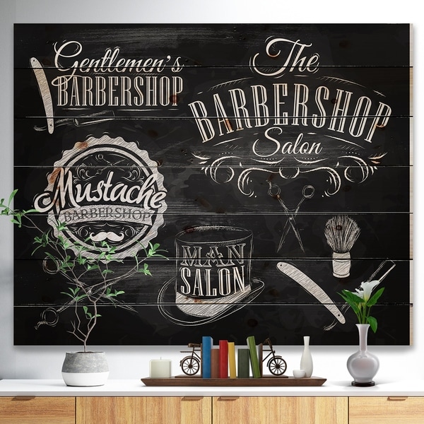 Designart 'Set Barbershop' Abstract Print on Natural Pine Wood - Black