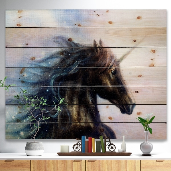 Designart 'Black Unicorn' Bohemian Print on Natural Pine Wood - Black