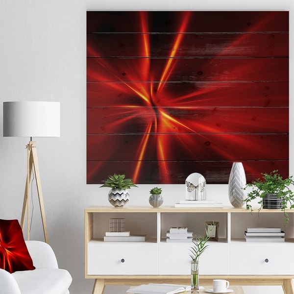 Designart 'Red and Yellow Rays' Abstract Print on Natural Pine Wood - Red