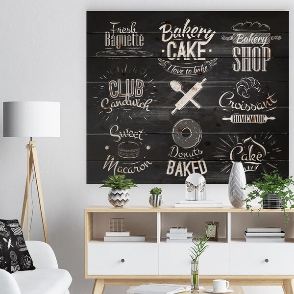 Designart 'Bakery Characters' Abstract Print on Natural Pine Wood - Black