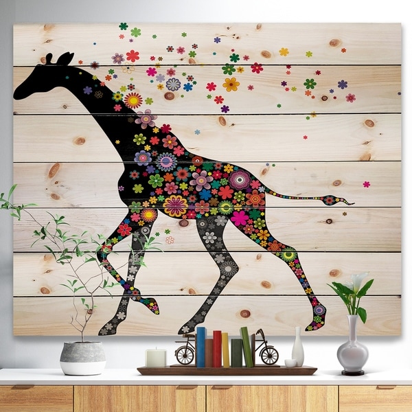 Designart 'Cheerful Giraffe Running' Animal Print on Natural Pine Wood - Multi-color
