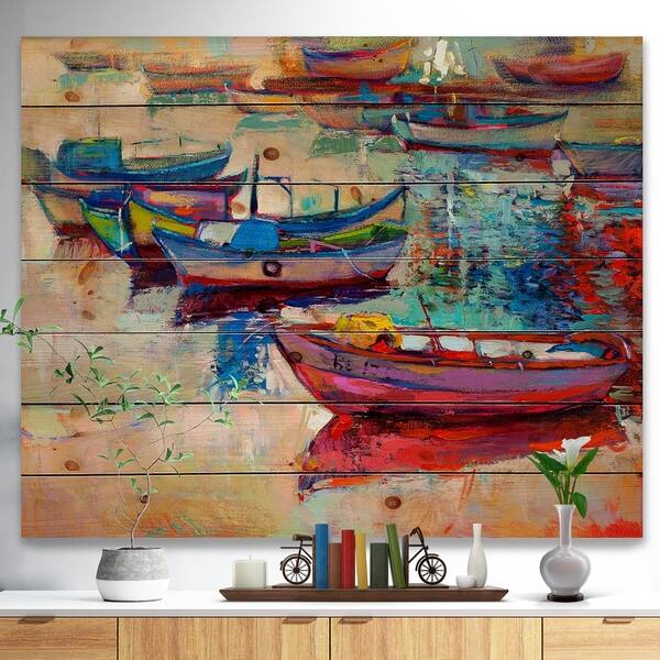 Designart 'Boats and Ocean' Seascape Print on Natural Pine Wood - Green