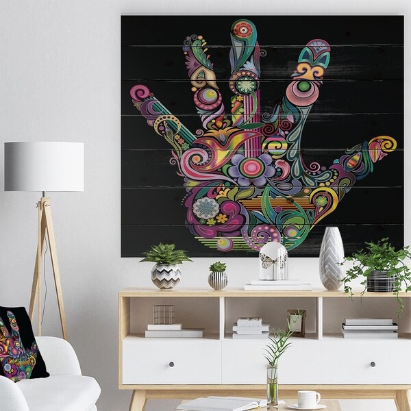 Designart 'Rainbow Hand with Multi Colors' Abstract Print on Natural Pine Wood - Multi-color