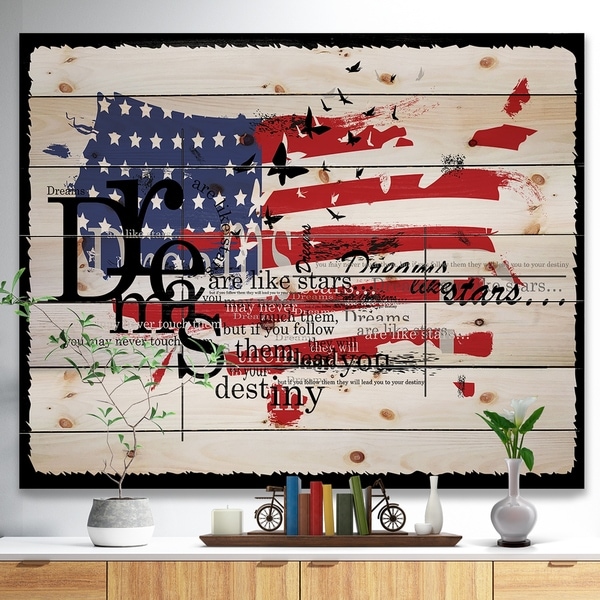 Designart 'Vintage Fashion USA Flag' Map Print on Natural Pine Wood - Red