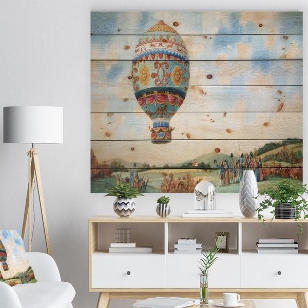 Designart 'Hot Air Balloon Illustration' Abstract Print on Natural Pine Wood - Blue