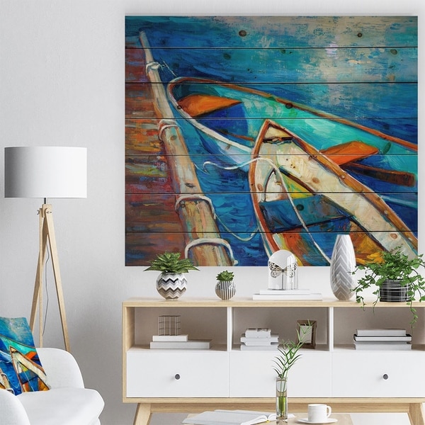Designart 'Boats and Pier in Blue Shade' Seascape Print on Natural Pine Wood