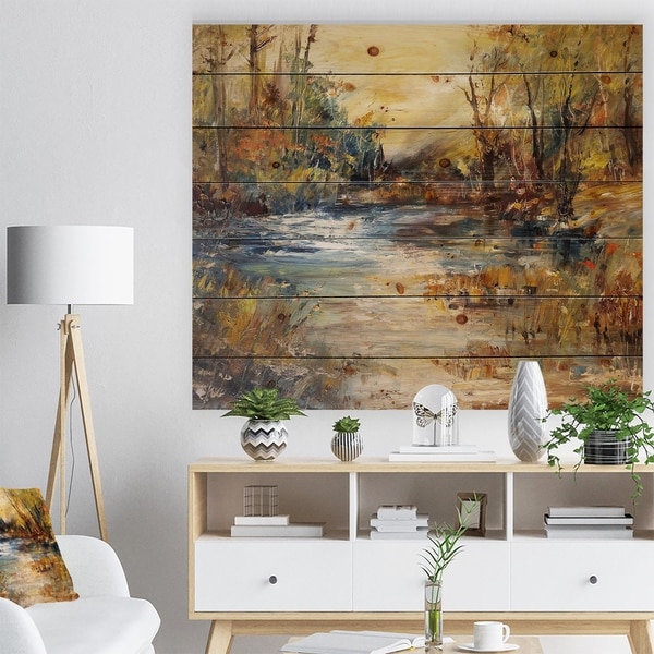 Designart 'Stream in Forest Oil Painting' Landscape Print on Natural Pine Wood - Multi-color
