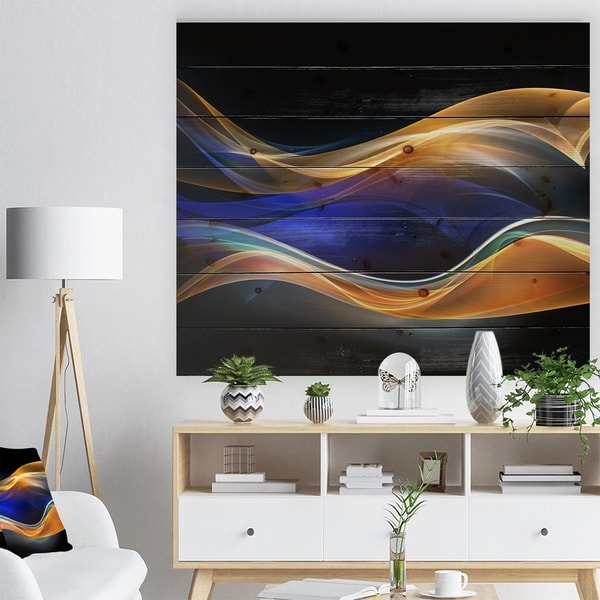 Designart '3D Gold Blue Wave Design' Abstract Print on Natural Pine Wood