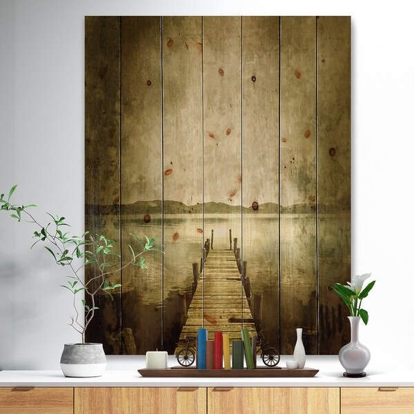 Designart 'Vintage Pier Over Lake' Landscape Print on Natural Pine Wood - Multi-color