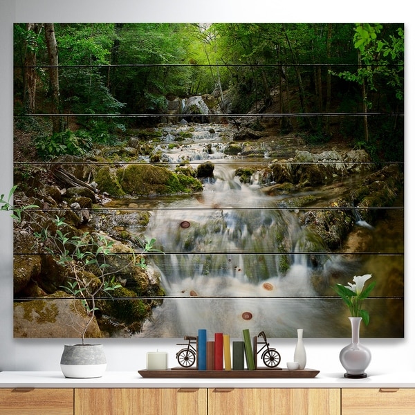 Designart 'Natural Spring Waterfall' Landscape Photography Print on Natural Pine Wood - Green