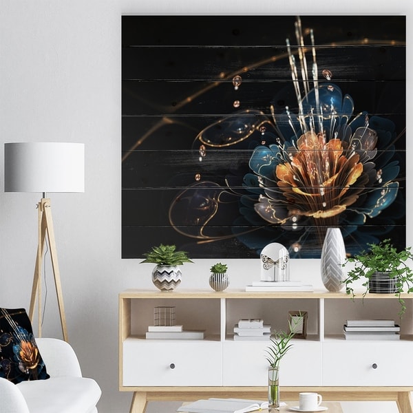 Designart 'Orange Blue Flower with Water Drops' Floral Art Print on Natural Pine Wood - Yellow