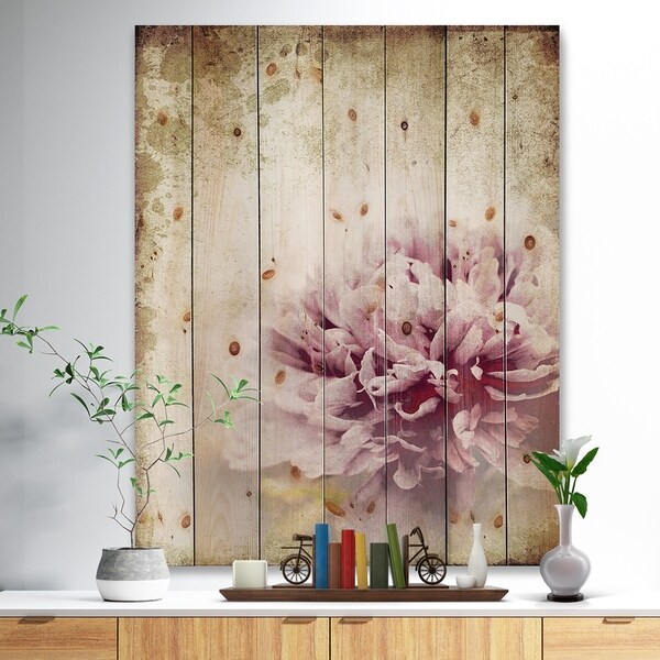 Designart 'Pink Peony in Vintage Style' Floral Art Print on Natural Pine Wood - Pink
