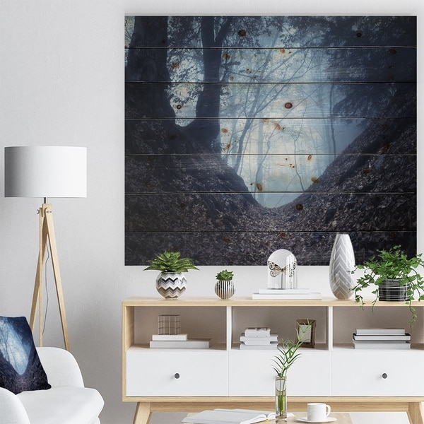Designart 'Sunlight Hitting Foggy Forest' Landscape Photography Print on Natural Pine Wood - Green