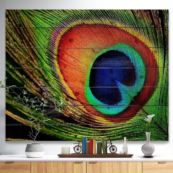 Designart 'Peacock Feather' Photography Print on Natural Pine Wood - Green