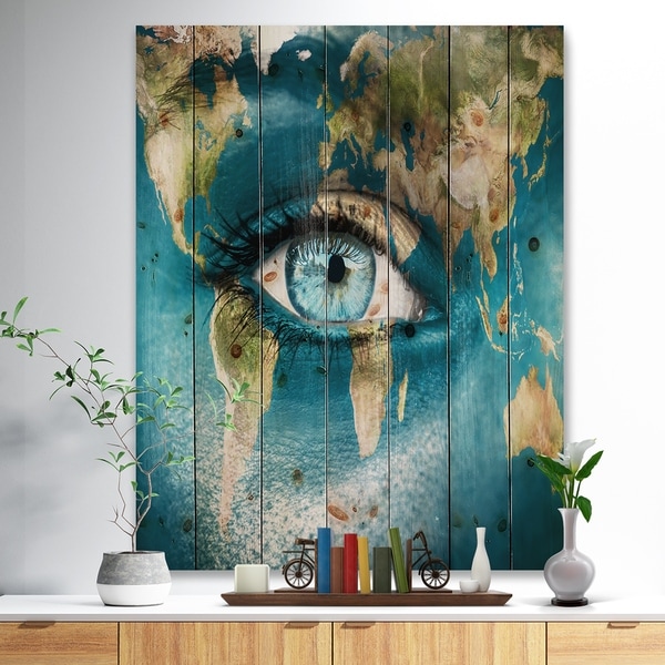 Designart 'Planet Earth and Blue Eye' Abstract Print on Natural Pine Wood