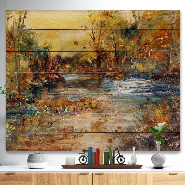 Designart 'River in Forest Oil Painting' Landscape Print on Natural Pine Wood - Multi-color