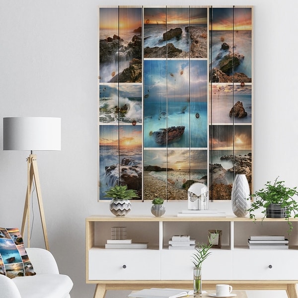 Designart 'Sea and Shore Collage' Seascape Photography Print on Natural Pine Wood - Blue