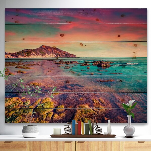 Designart 'Giallonardo Beach Colorful Sunset' Seashore Photo Print on Natural Pine Wood - Red