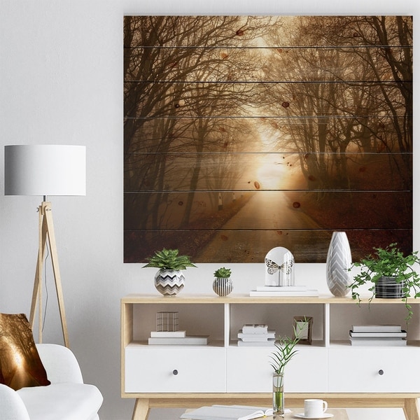 Designart 'Path to Sunlight in Autumn Forest' Landscape Photography Print on Natural Pine Wood - Brown